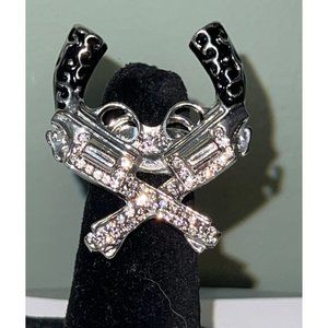 Rhinestone Pistol Silver & Black Stretch Ring